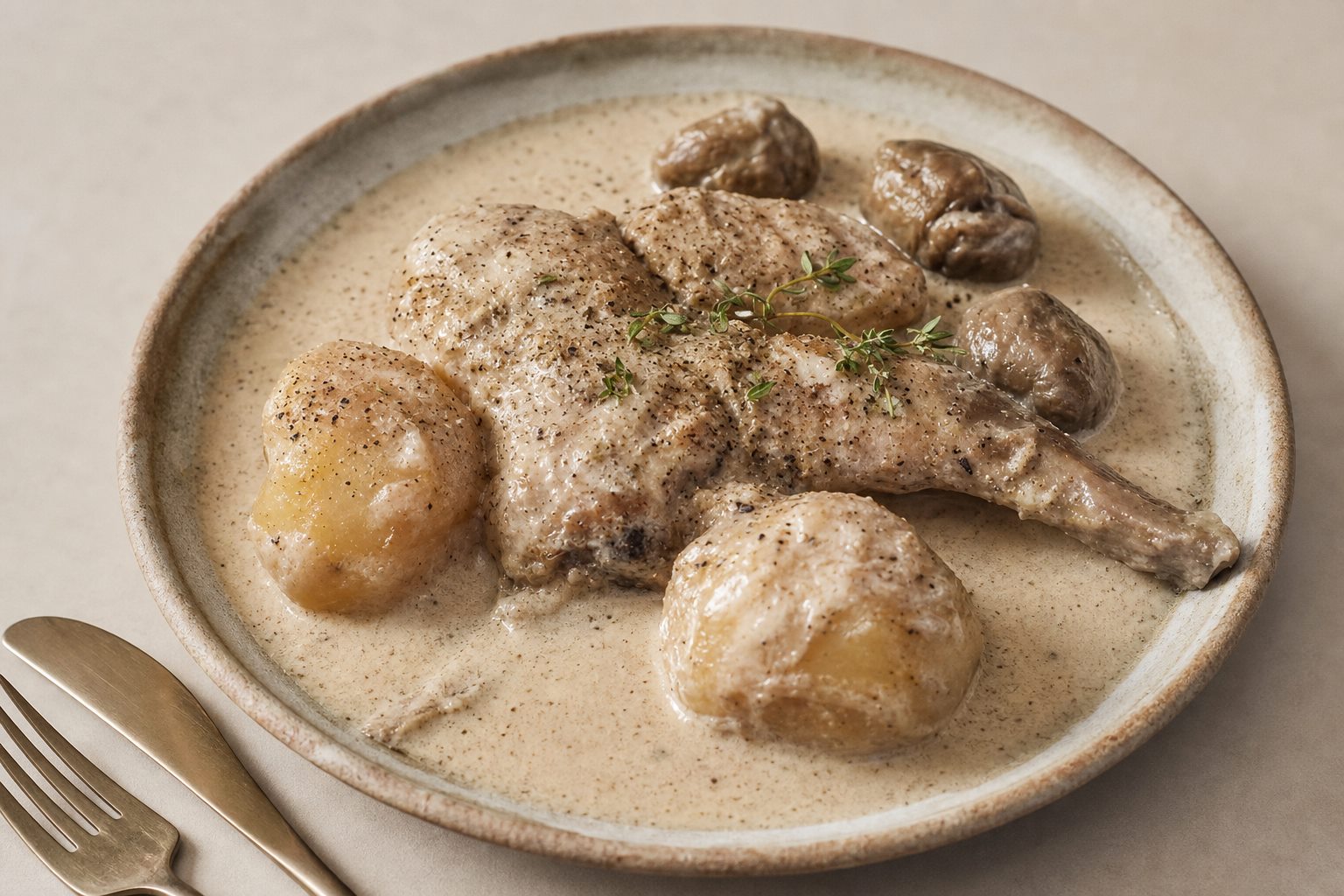 Coniglio con carciofini, patate e timo